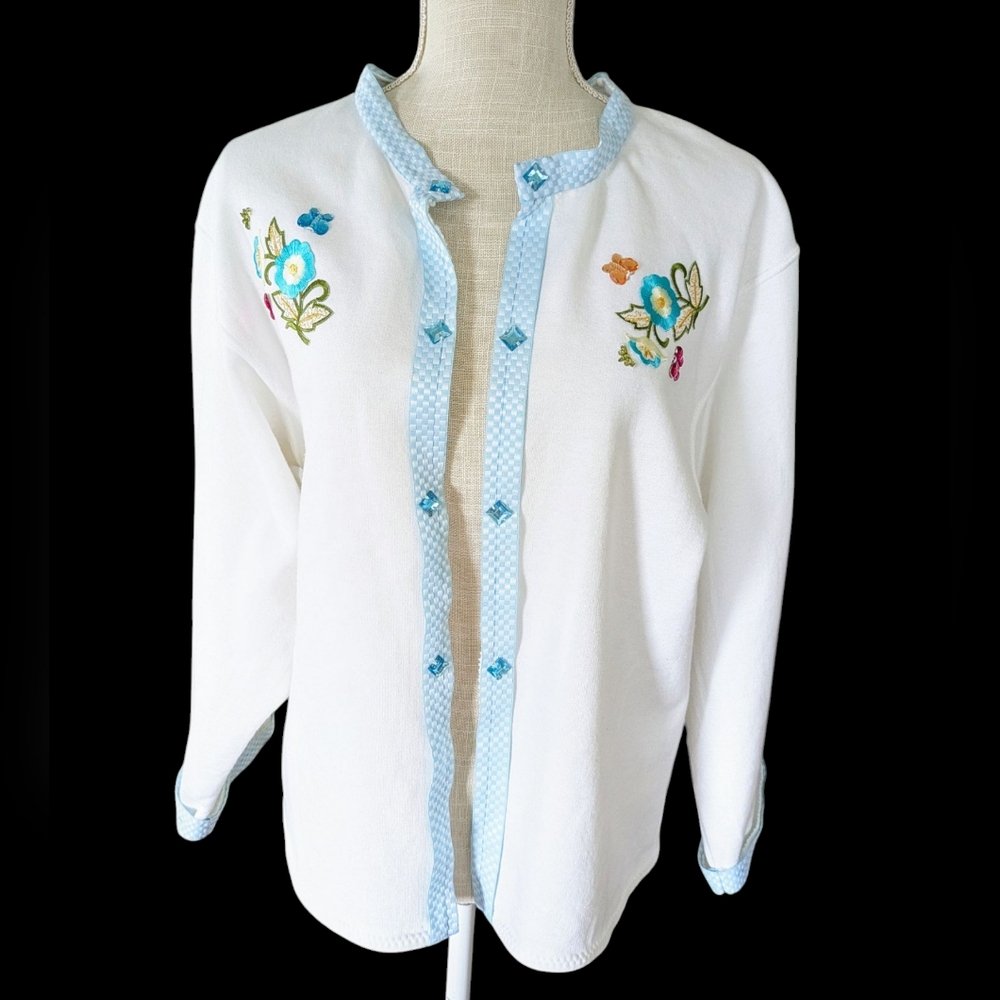 Upcycled Fruit of the Loom Cardigan Rhinestone Embroidered Ribbon Grandma Chic‎
